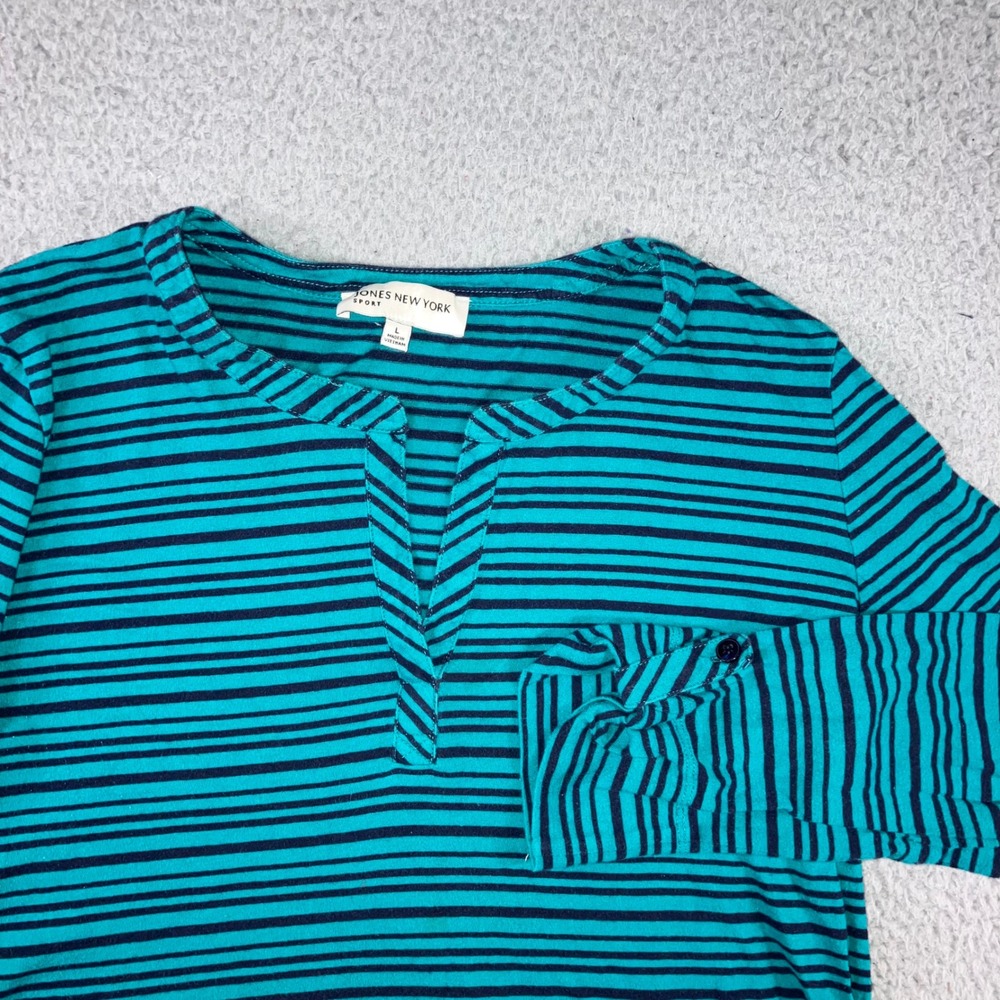 Jones New York Sport Top L Striped 3/4 Sleeve Split Neck Coastal Preppy Office
